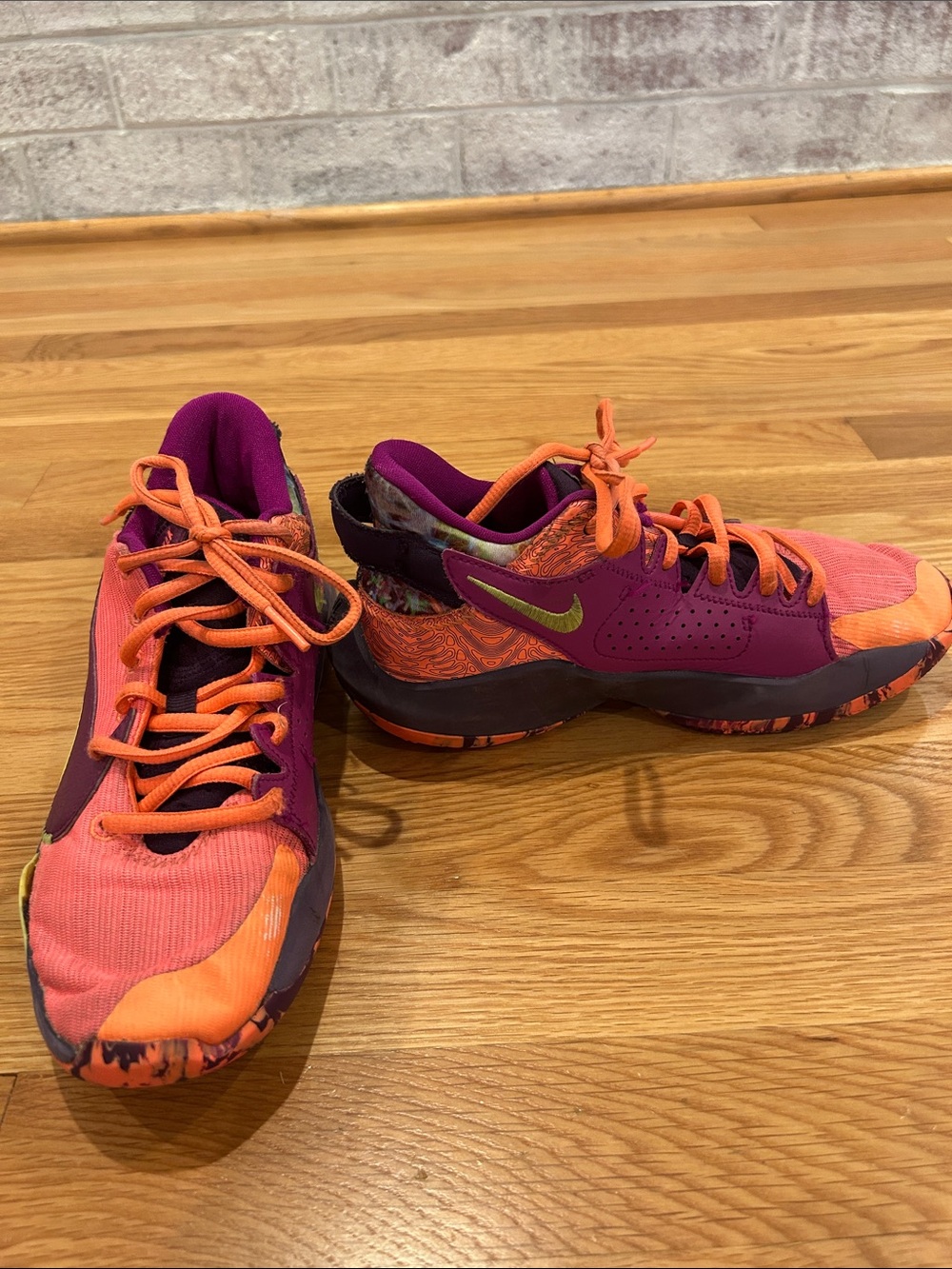 Nike Kids Low-Top Sneakers in Purple, Orange & Pink with Green Swoosh